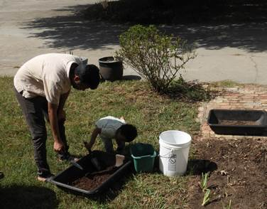 Dad helps Amritasham move soil