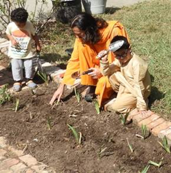 Anand (with hand spade) helps Swami Shantamritananda Puri check the iris bed